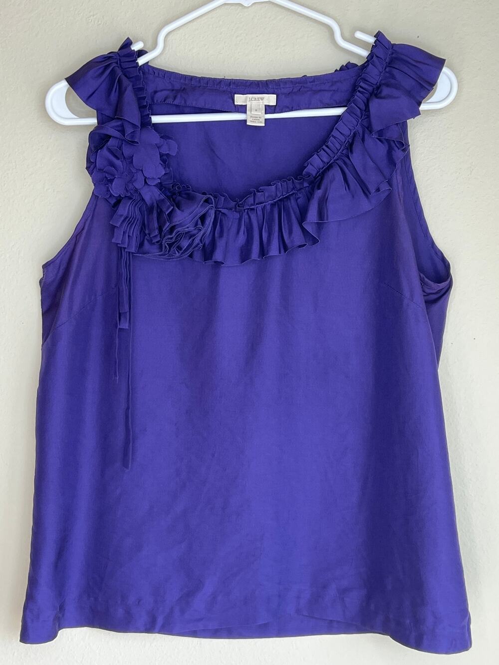 J Crew Purple 100 Silk Ruffle Flower Neck Sleeveless Tank Top Blouse Size 8